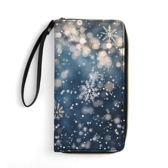 Womens Wallet Bifold Ladies Cluth Bag Wristlet Wrist Strap Long Purse Elegant Christmas with Snowflake Design