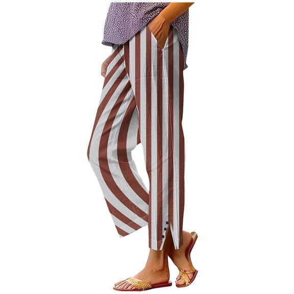 Simua Women's Fashion Striped Linen-Like Casual Pants - Elastic Waist Straight-Leg with Button Split Cuffs & Pockets, Pre-Shrunk Breathable Trousers (S-XXL)