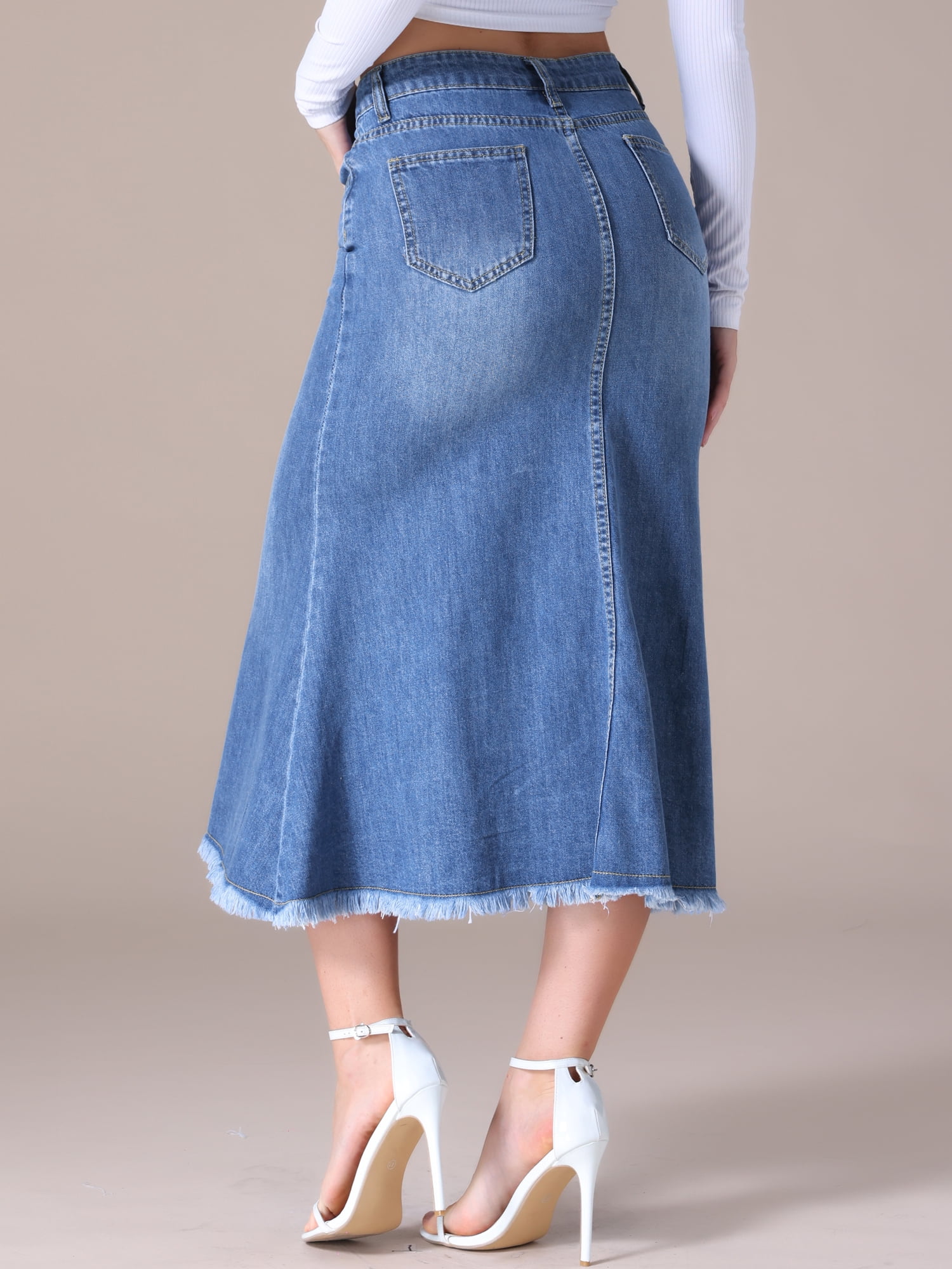 Unique Bargains Women's Long Denim Skirts Split A-Line Fishtail Jean Skirt M Blue