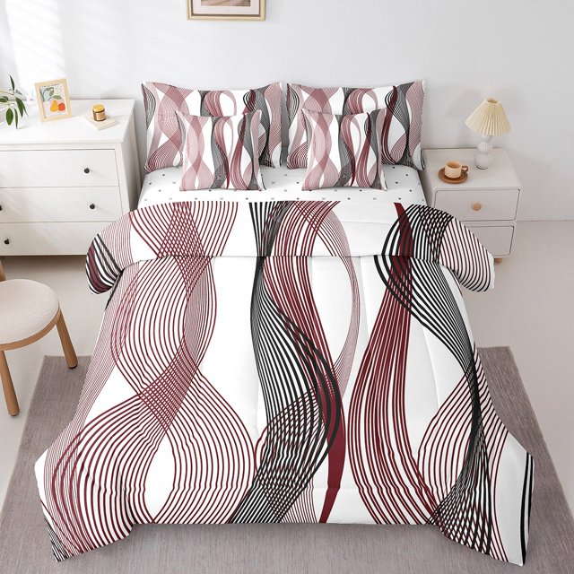 Erosebridal Ensembles de Literie Géométriques à Carreaux Taille Simple, Ensembles de Couette Rouge Noir avec Draps, Mi-Siècle, Réversible 7 Pcs