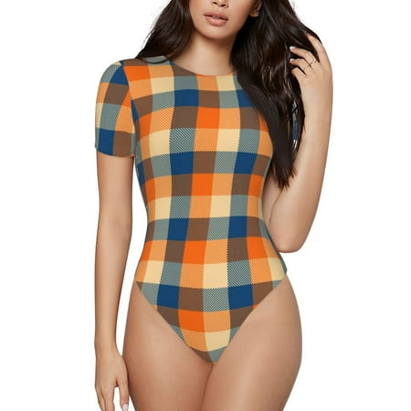 Gaeub Warm Orange Plaid Print Women s Short Sleeve One Piece Swimsuit Sexy High-Waisted Bodysuit Bathing Suit for Swimming  Beach  Sports-Large
