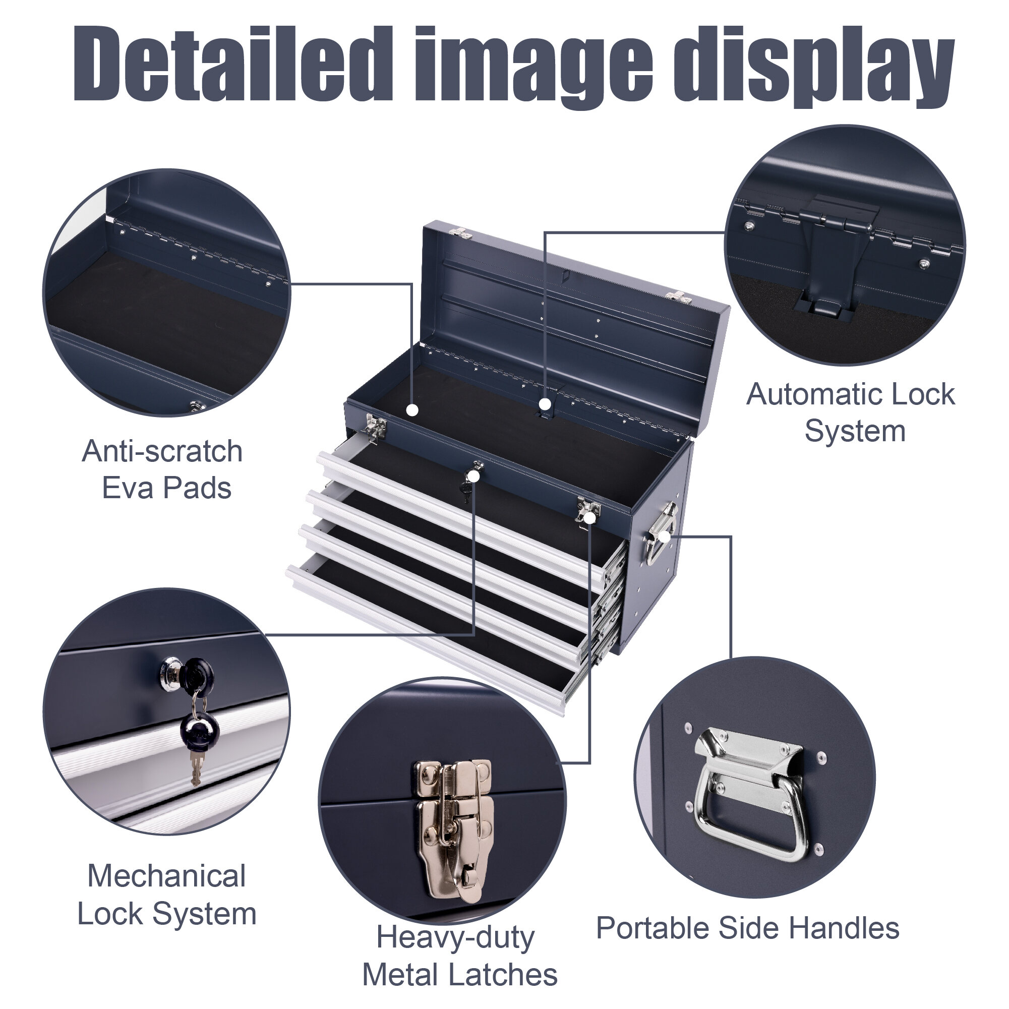 Mechanics Tool Box Heavy Duty Metal Tool Box, 21-inch, Portable Metal Tool Box with 4 Drawers, Small Tool Chest with EVA Liners, Ball Bearing Slide Drawers Locking & Powder Coated Finish, Multi-Funct