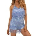 thumbnail image 7 of Lenpel Women's Sequin Fringe Rompers Sparkly Halter V Neck Spaghetti Strap Backless Tassel Tiered Sleeveless Jumpsuits Party Club Outfits, 7 of 7