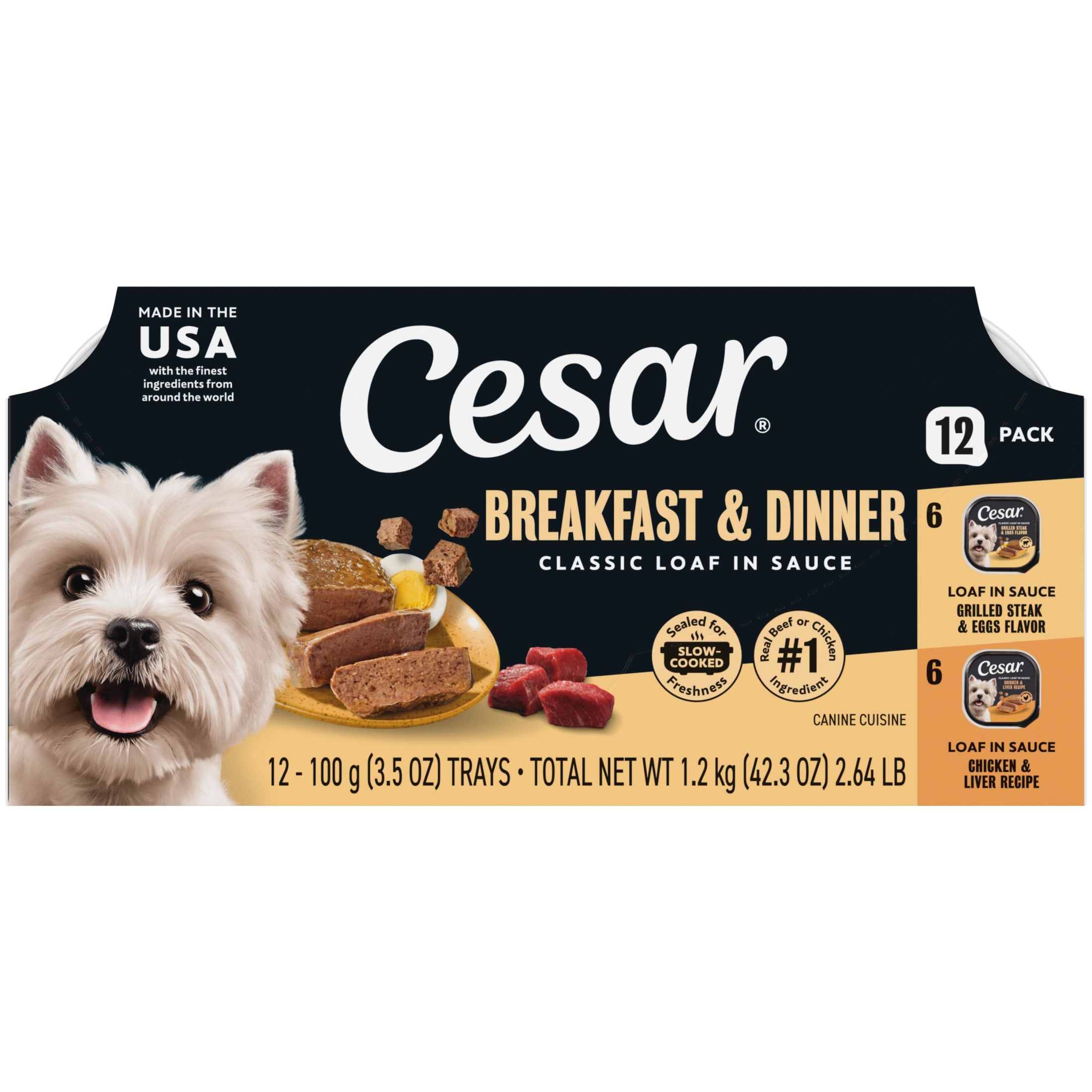 Cesar Loaf In Sauce Breakfast And Dinner Flavors Wet Dog Food Variety Pack, 3.5 Oz Trays, 12 Ct.