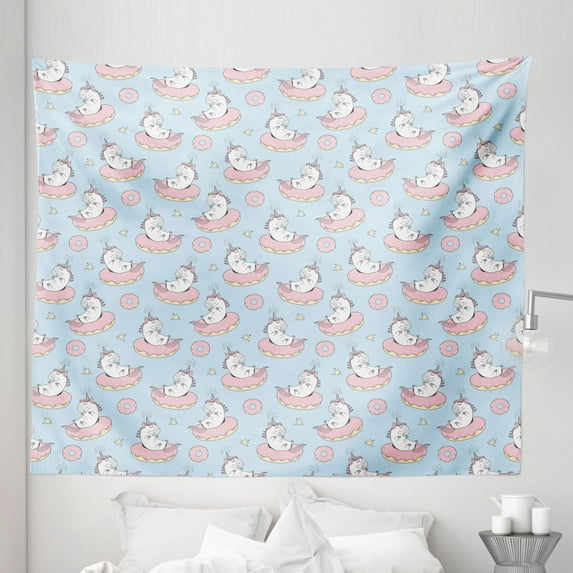 Unicorn Party Tapestry, Cartoon Mythical Animals Sleeping on Doughnuts with Stars, Fabric Wall Hanging Decor for Bedroom Living Room Dorm, 5 Sizes, Pale Pink Pale Blue, by Ambesonne