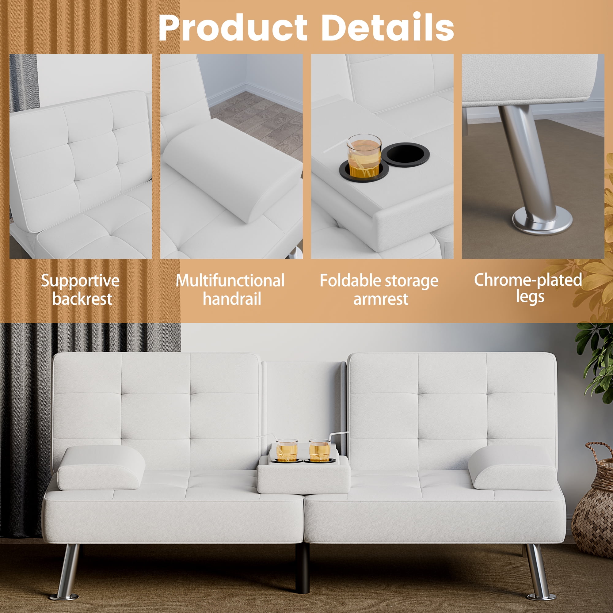 Vineego Futon Sofa Bed Folding Leather Modern Couch with 2 Cup Holders,Removable Armrests,White