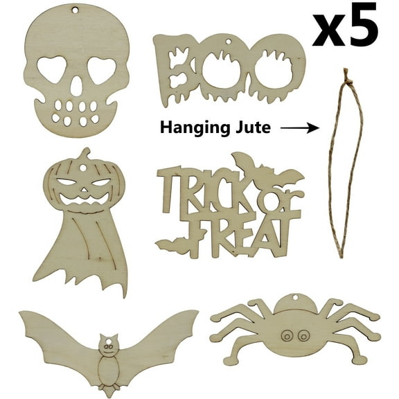 30 Piece Wood Craft Halloween Ornament Variety Pack with Hanging Jute - DIY Halloween Party Decoration