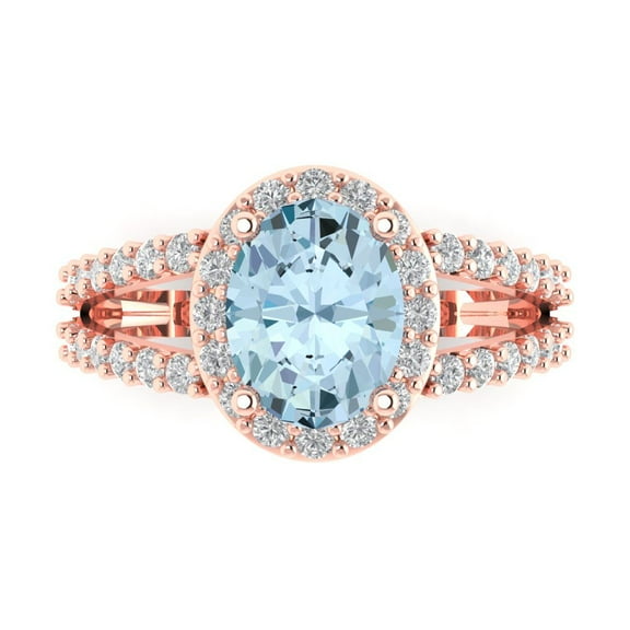 2.78ct Oval Cut Blue Crystal 14k Pink Rose Gold Engraving Statement Bridal Wedding Halo Designer Ring Size 7.5