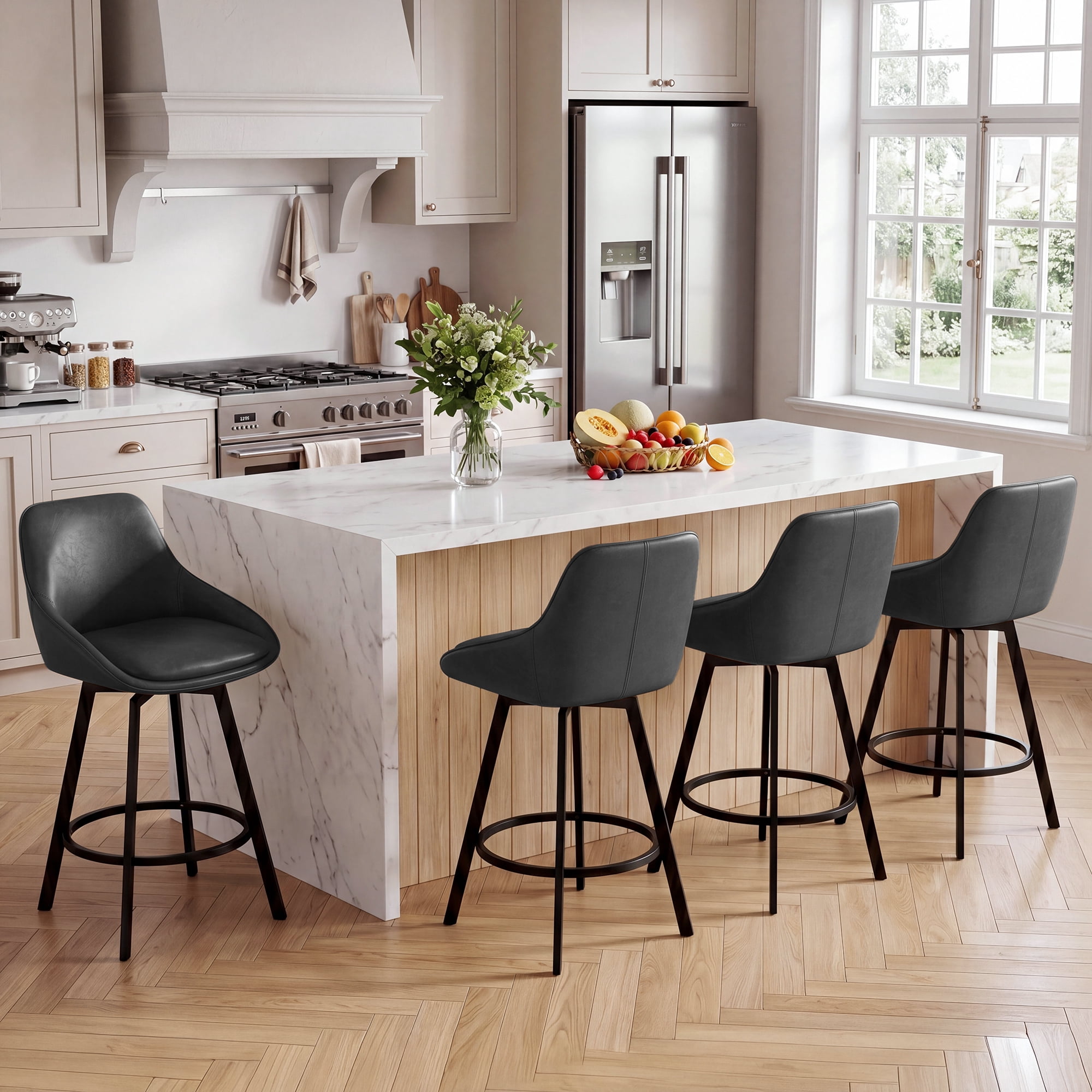 Zesthouse 25.6" Swivel Counter Height Bar Stools Set of 2, Modern Counter Height Chairs with Backs and Metal Legs, Upholstered Faux Leather Barstools for Kitchen Island, Dark Gray