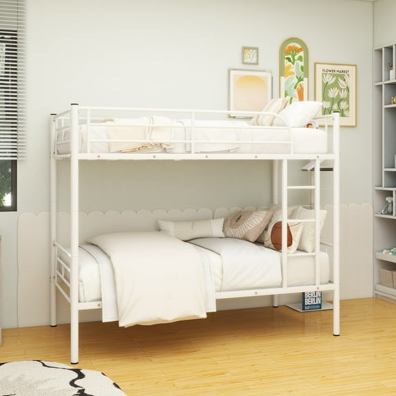 Twin Over Twin Metal Bunk Bed (White)