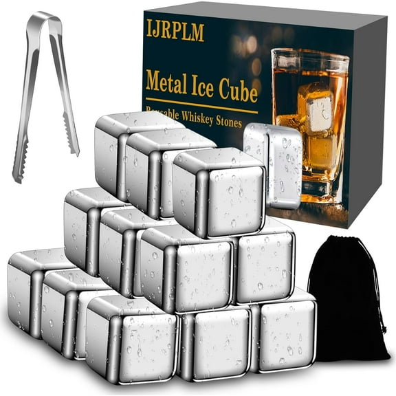 18Pcs Metal Ice Cube IJRPLM 18Pcs Stainless Steel Ice Cubes,Metal Ice Cubes Whiskey Stones,Refreezable Chilling Stones with Tong Drawstring Bag