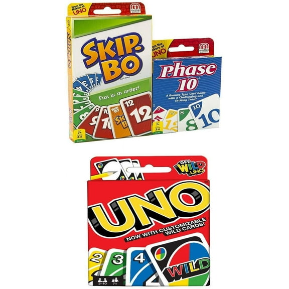Mattel Uno Skip Bo Phase 10 Combo Card Game Pack, 3 Games, 108 Cards, 162 Cards, 112 Cards