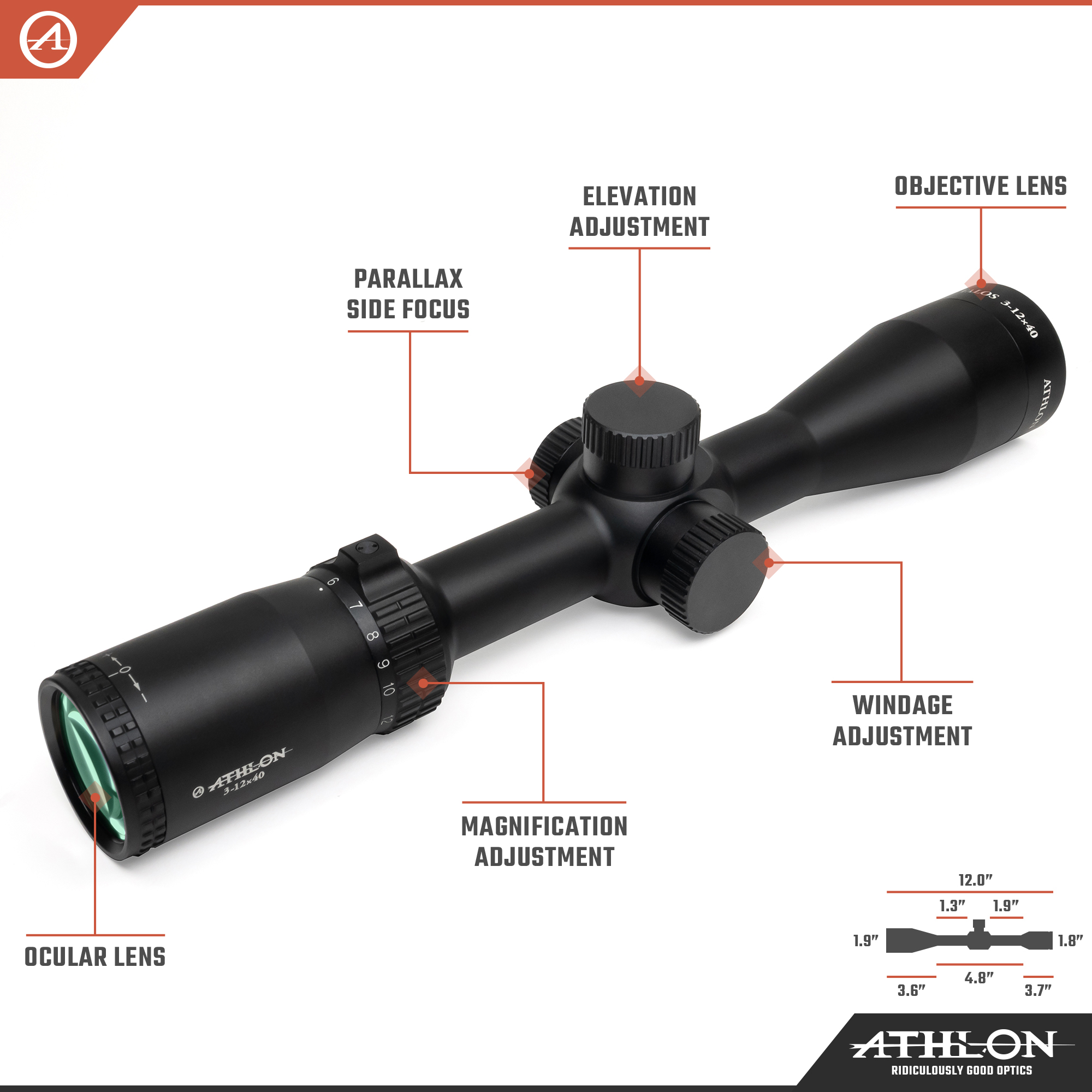 Athlon Optics Talos Riflescope, 3-12 x 40, SFP, 1in Tube, MIL Dot Reticle, Lifet