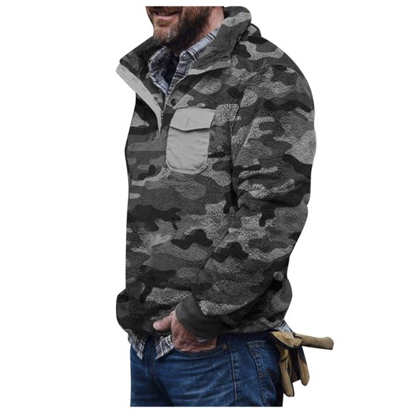 Outfmvch hoodies for men Camouflage Turtleneck Plush Sweater Button Pullover Plush Sweater WIth Pocket womens tops mens sweaters Grey