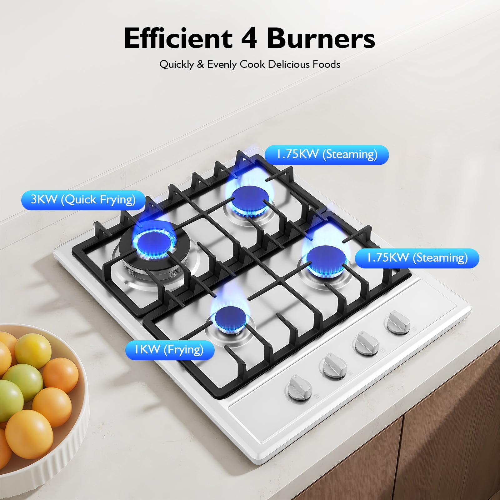 Built-In Gas Cooktop - 4 Burners, Stainless Steel, High-Powered (3KW Rapid Burner, 1.75KW Semi-Rapid, 1KW Auxiliary), Natural Gas/LPG