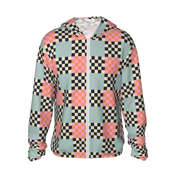 Fotbe Colorful Checkered Chaqueta con Protección Solar UPF 50+ para Hombre y Mujer, Camisa con Capucha y Bolsillos-Large