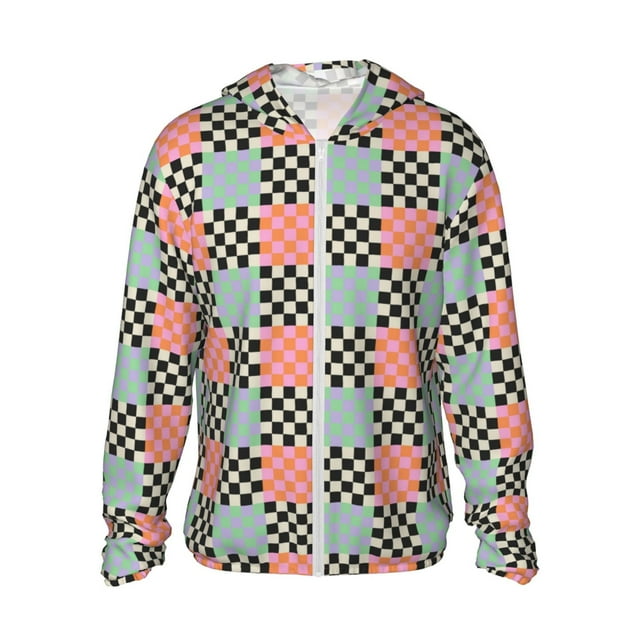 Fotbe Colorful Checkered Chaqueta con Protección Solar UPF 50+ para Hombre y Mujer, Camisa con Capucha y Bolsillos-Small