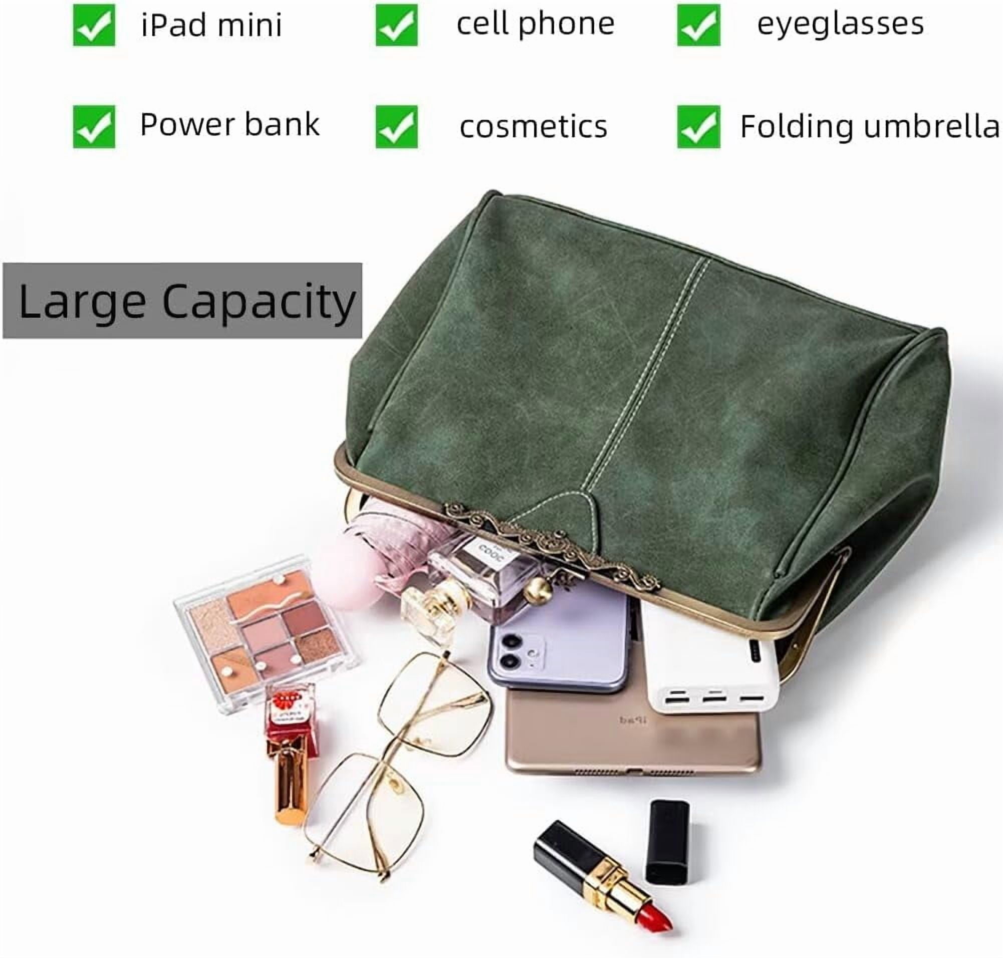 Handbag for Women Leather Shoulder Bag Kiss Lock Top Handle Satchel Purse Vintage Crossbody Bag Evening Clutch Purses