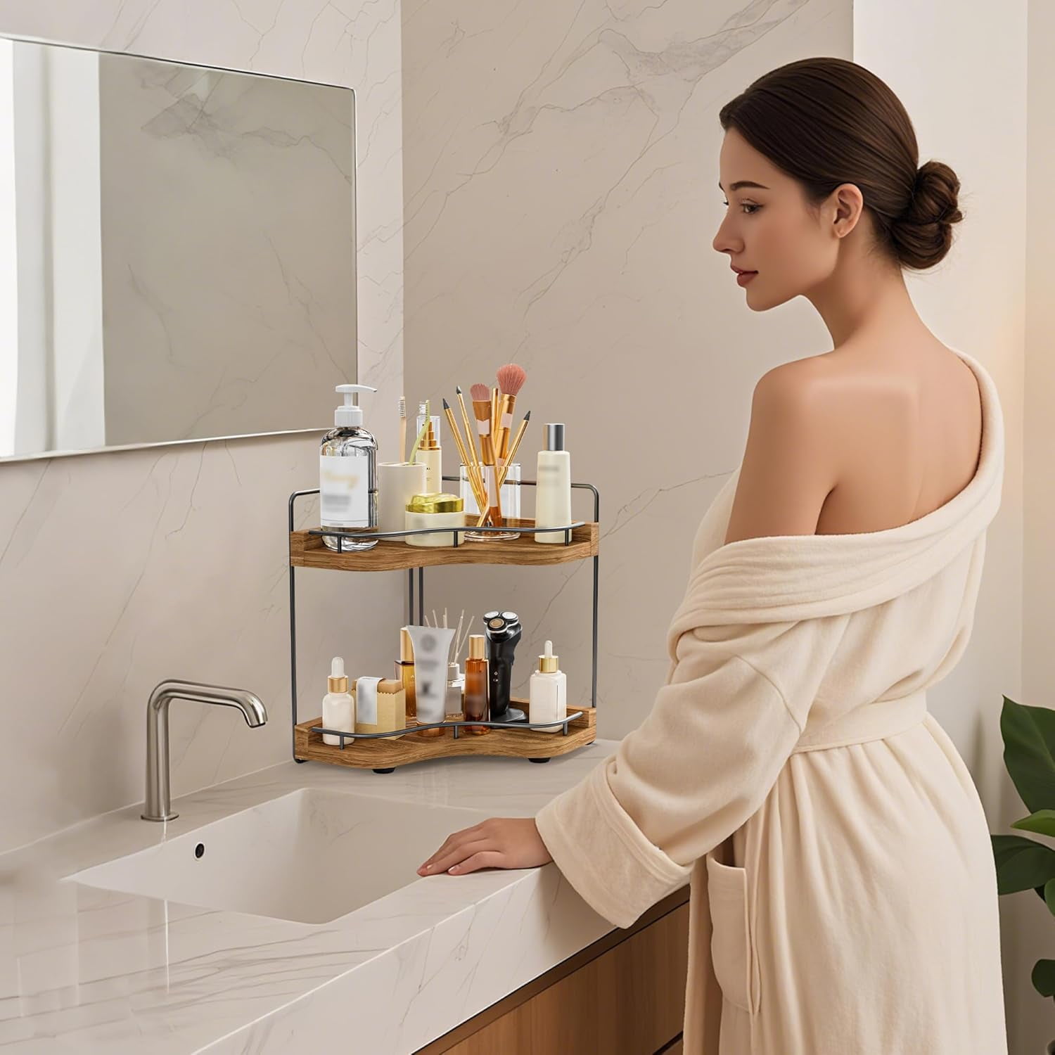 JDNRXO 2-Tier Corner Bathroom Counter Organizer with Embedded Screw Holes, Secure & Stable Wood Vanity Shelf for Makeup and Skincare Essentials - Space Saving Bathroom Countertop Storage