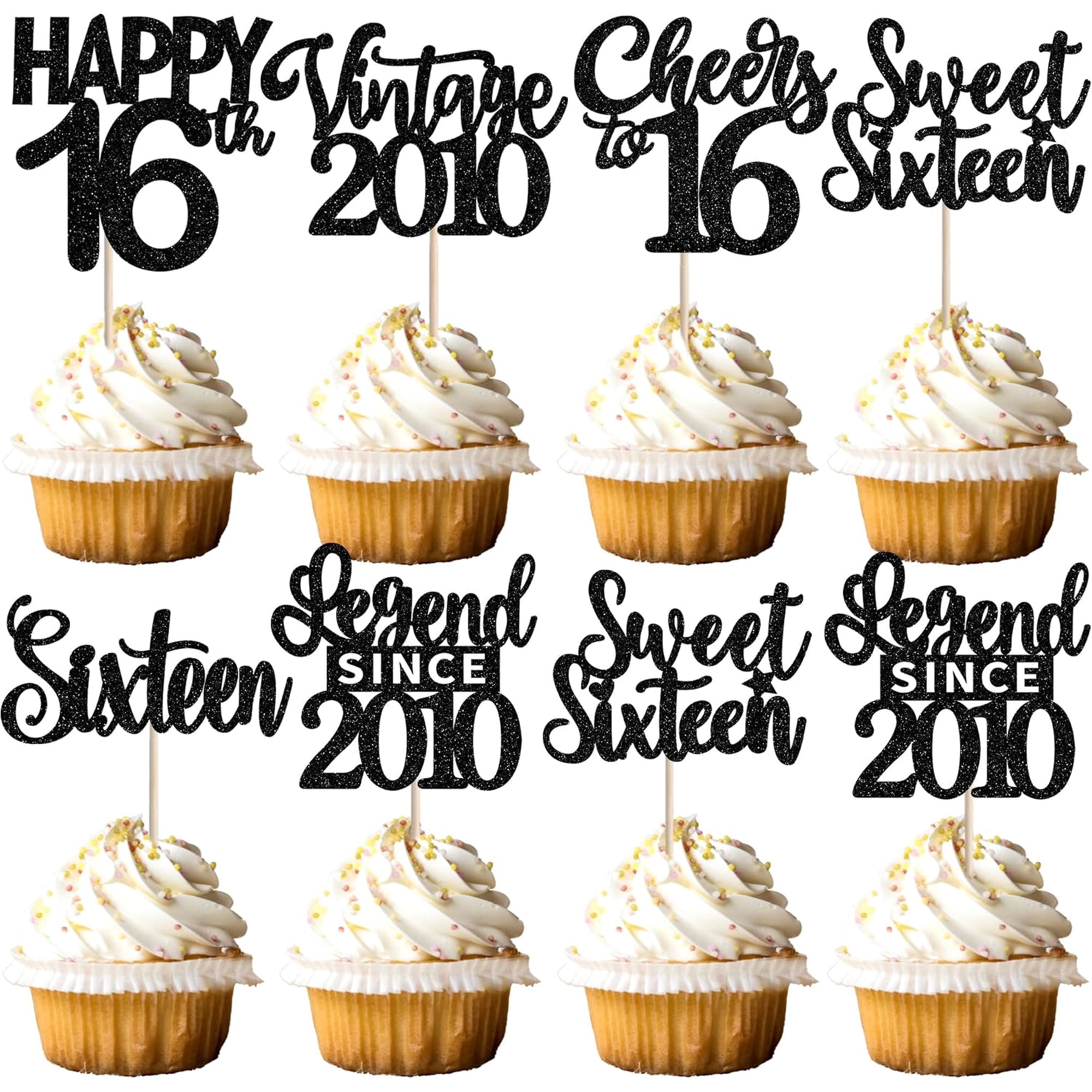 16th Birthday Cupcake Toppers - Black Glitter Picks for Sweet 16 Birthday Party Decorations Pack of 12