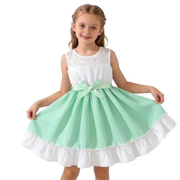 Xdegoge Elegant Kids Girls Dress Knee Length A Line Sleeveless Tween Summer Dress Lace Ruffle Bow Party Wedding Guest for Teen