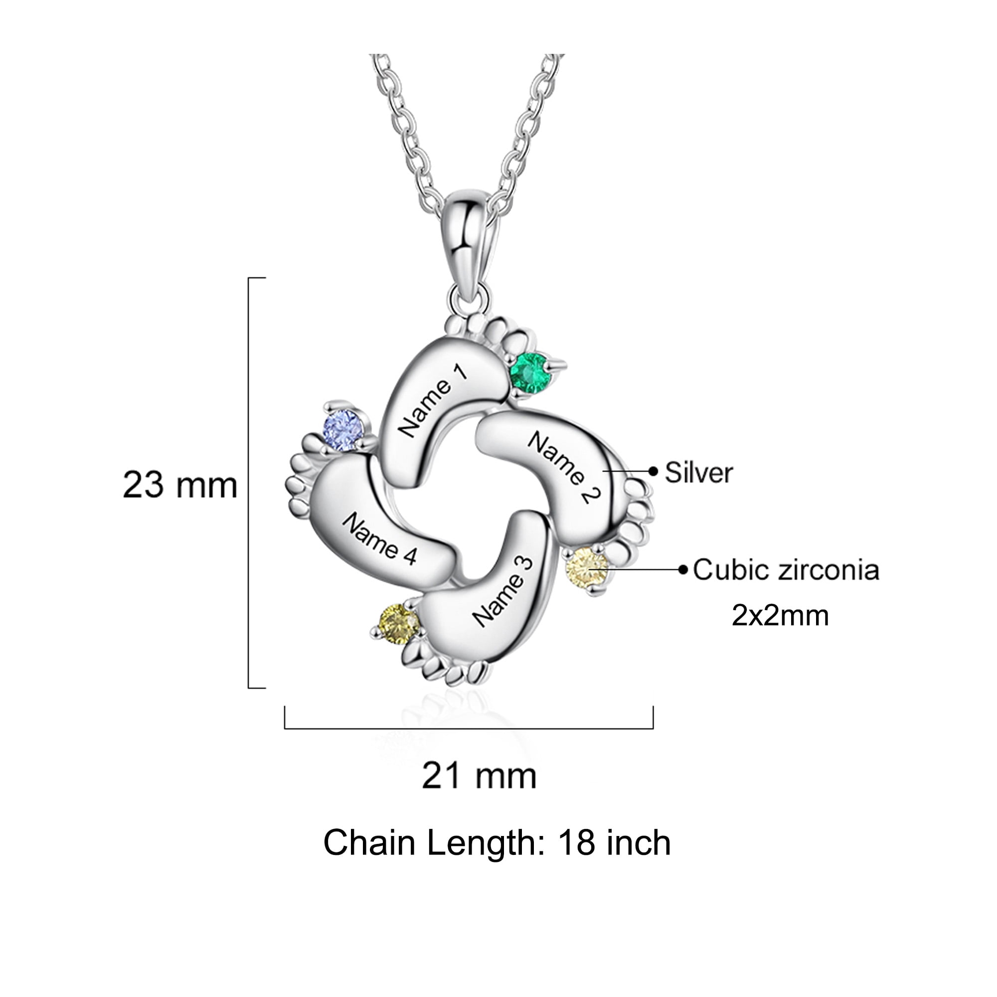 Mementos Jewelry Personalized Sterling Silver Footprint Family Mother Necklace 4 Birthstone and Name