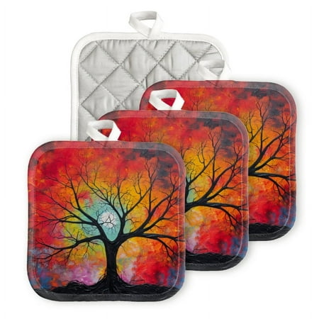 

Bahomeck Pot Holder 4Pcs Tree With Branches Surrounded By Vibrant Colors And Radiant Light Square Heat Resistant Hot Pads For Kitchen Cooking Oven With Hanging Loop Potholder Easy To Store