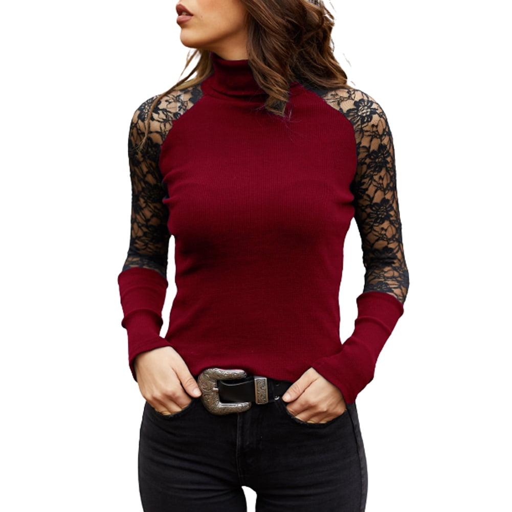 Hollow Out Lace Blouses Shirts Casual Long Sleeve Patchwork Spliced Turtleneck