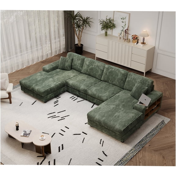 JERFIT Modern U-Shaped Convertible Sectional Sofa with Storage, Corduroy Fabric, 4-Seater Large Lounge Chair for Living Room, Green