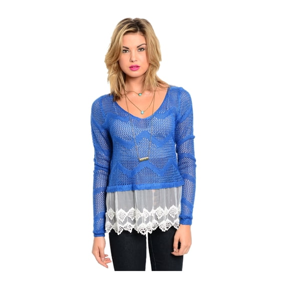 2Luver Women's Long Sleeve Knit Top With Sheer Lace Trim Blue M