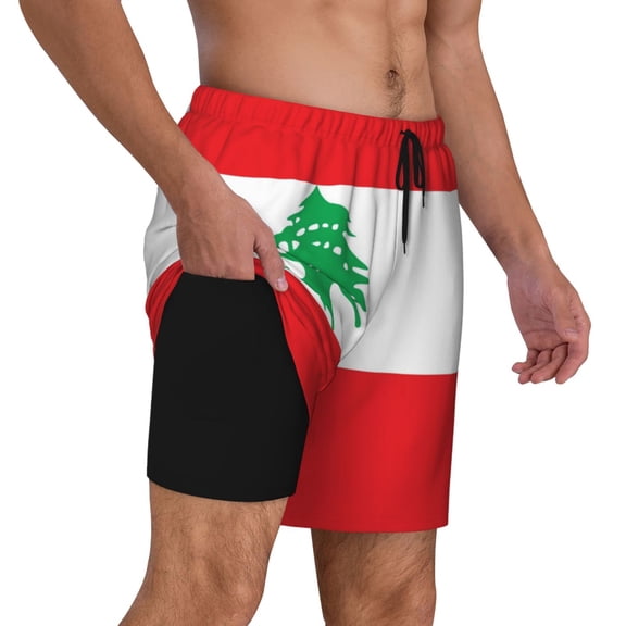 Men's 2 in 1 Swim Trunks with Compression Liner Lebanese Flag Quick Dry Beach Shorts
