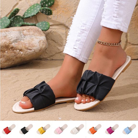 Miluxas Women's Pleated Open Toe Slide Sandals, Trendy Flat Sandals with Open Toe, Lightweight Summer Shoes for Wedding, Beach & Daily Wear Yellow 9.5(43)