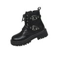 thumbnail image 2 of Women's Leather Boots with Side Zipper Fashion Buckle Straps Chunky Heel Goth Booties Non- Lug Sole Punk Biker Motorcycle Boots Black, 2 of 6