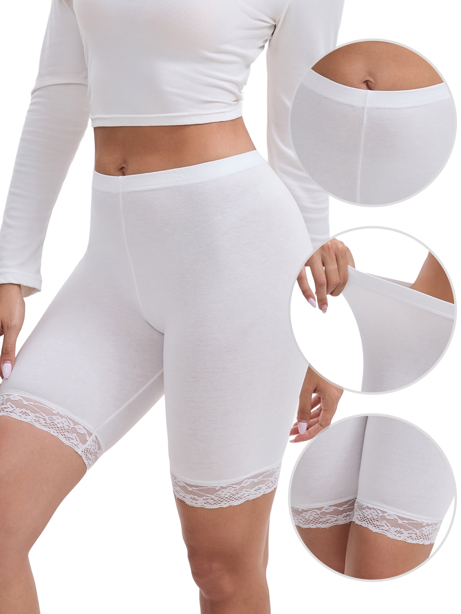 DARING DIVA Women's Lace Trim Soft Control Panties Mid Thigh Slimmer M White