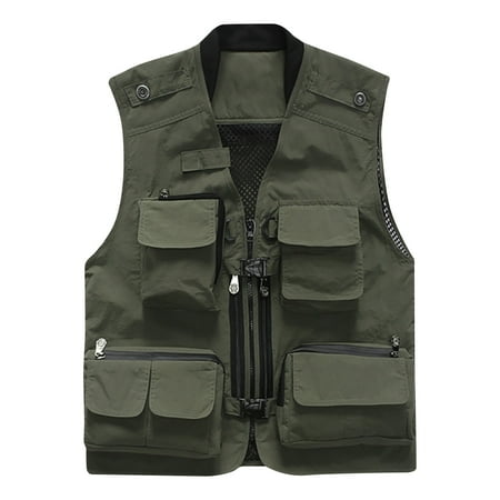 Men s Outdoor Travel Photographer Vest Multi-Pockets Quick Dry Breathable Mesh Fishing Hiking Waistcoat Vest Coat Green XXL
