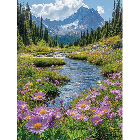 Mountain Stream and Wildflowers Canvas Print/Wall Art,Suitable for Living Room,Bedroom,Office,Bathroom, and Hotel Decoration.