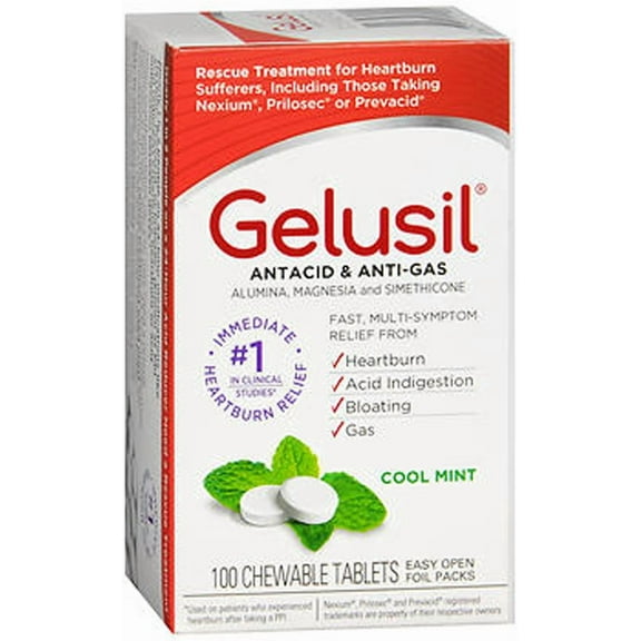 Gelusil Antacid & Anti-Gas Fast Relief Heartburn Pepper Mint Flavor, 100 Ct