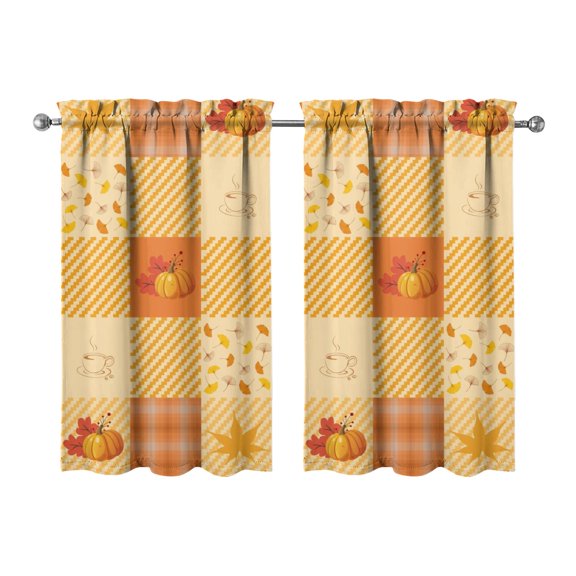 Set of 2 Rustic Fall Kitchen Curtains - Harvest Season Pumpkin Design with Maple Leaf & Plaid Pumpkins, Farmhouse Window Treatment Panels, 27.5x39 Inch