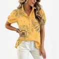 thumbnail image 5 of Boho Patchwork Print Blouse for Women, V-Neck Short Sleeve Button Down Top with Puff Sleeves - Colorful Casual Summer Tunic Shirt for Vacation & Beach Yellow XXL, 5 of 6