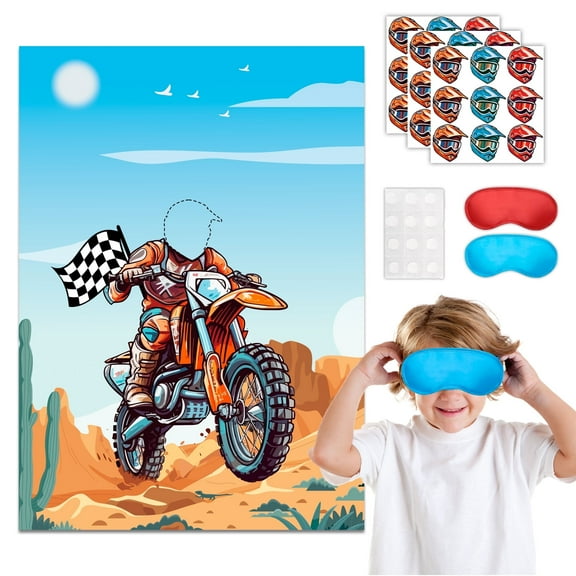 Dirt Bike Party Games, 7 Pcs Motocross Party Game Supplies - Motorcycle Pin Game Poster,  Helmets Dirt Bike Stickers & Motorcycle Games Blindfolds etc Dirt Bike Birthday Party Decorations Games