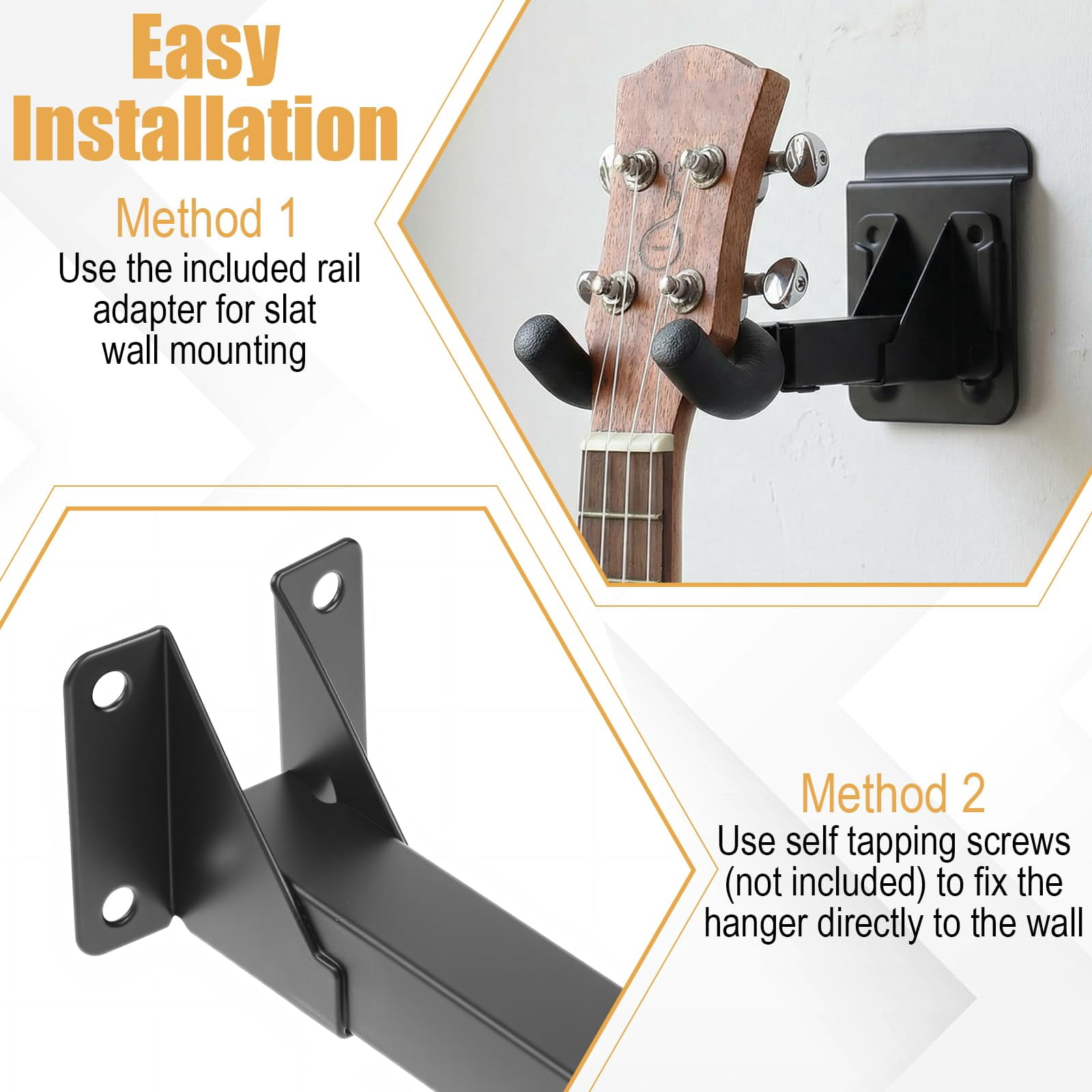 6 Pcs Guitar Hanger Wall Mount Heavy Duty Metal Hook Holder With Slat Adapter 180° Adjustable Black Stand For Acoustic Electric Bass Ukulele