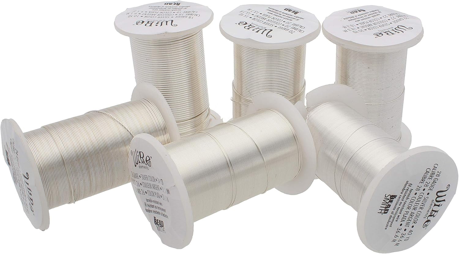 The Beadsmith Wire Elements Silver Color Lacquered Tarnish-Resistant Copper Wire for Jewelry Making, 20 Yards, 18.29 Meters Each Spool (18, 20, 22, 24, 26, & 28 Gauges)