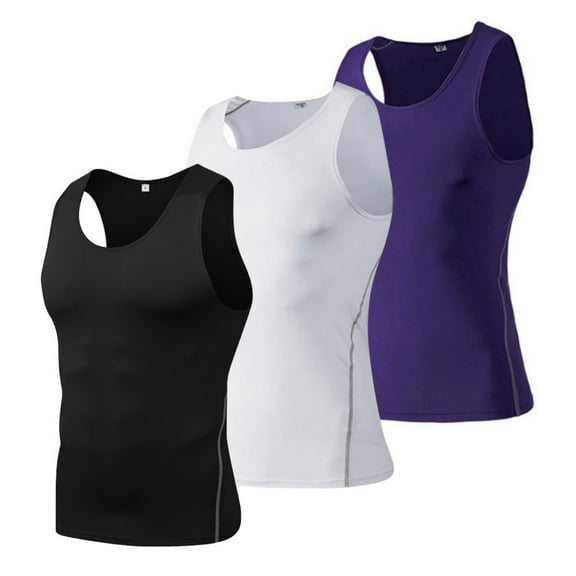 3 Packs Men's Athletic Compression Shirts Sleeveless Cool Dry Workout Tank Top Muscle Gym Body Shaper Vest Black White Purple S