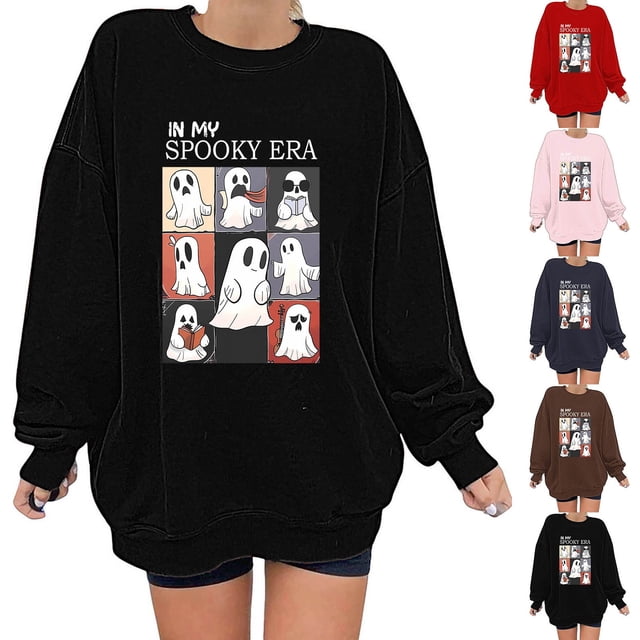 VKOYWKM Chandail Molletonné Surdimensionné pour Femmes Chandail d'Halloween avec Fantôme Chandails Graphiques Mignons et Effrayants Col Rond Manches Longues Chandails Molletonnés Chandail d'Automne