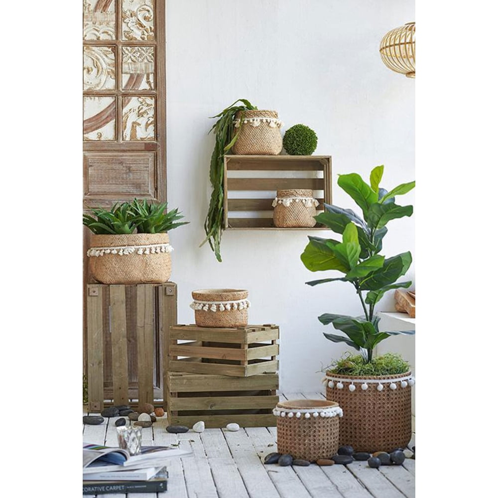 Set of 2 Brown Cement Planters – These Charming Planters Feature a Woven Tassel Accent, Perfect for Adding a Bohemian Touch to Your Home or Garden.