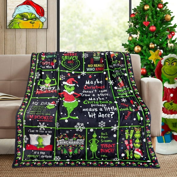 Cute Christmas Grinchmas Blanket Gifts for Women Kids Adults, Christmas Fleece Throw Blanket for Couch, Christmas Blankets and Throws Home Decor, Black, 60 x 50 Inch