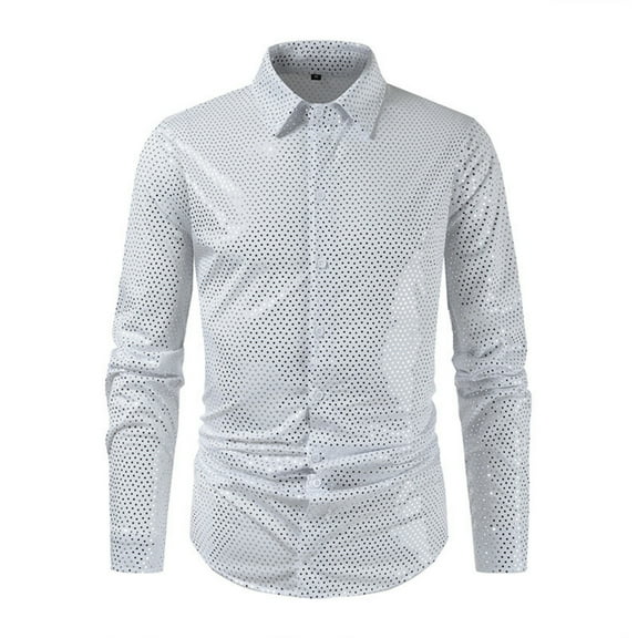 VSSSJ Men's Shiny Disco Long Sleeve Shirt Slim Fit Button Down Lapel Collar Sparkly Performance Tops Glitter Party Club Shirts White XXL