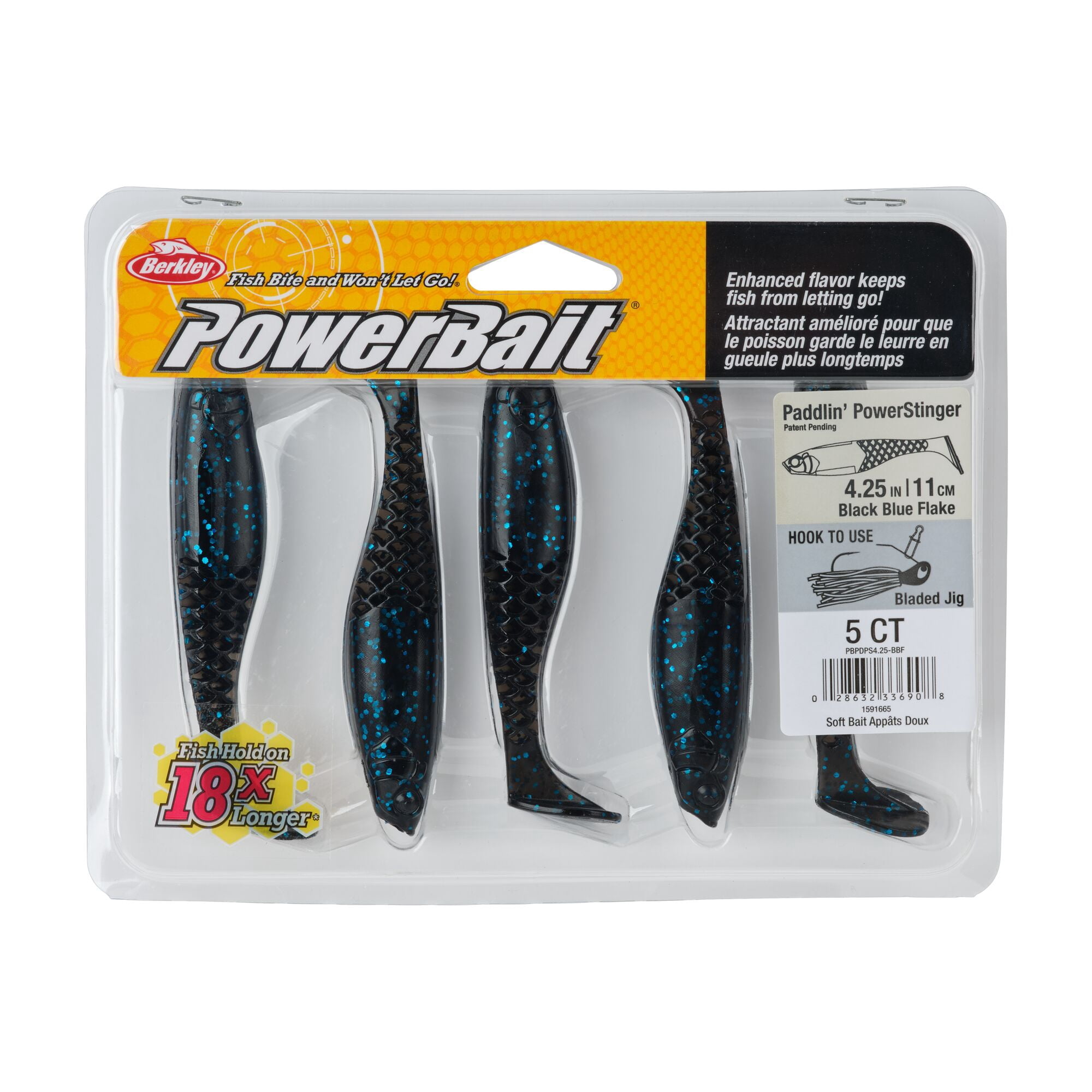 Berkley PowerBait® Paddlin' PowerStinger, 4.25 in, Swimbaits - Paddle Tail, Black Blue Fleck (5 Count)
