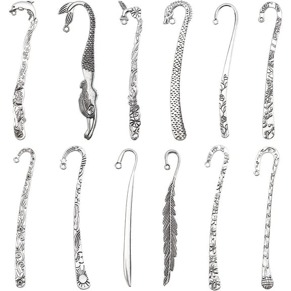 12Pcs 12 Styles Hook Bookmarks Findings Metal Bookmark Hairpin Stripe Hook Vintage Bookmark Clip
