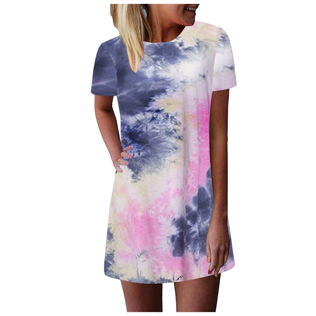 Women's Tie-dye Printed Summer Casual T Shirt Dresses Short Sleeve Swing  Dress - Walmart.com